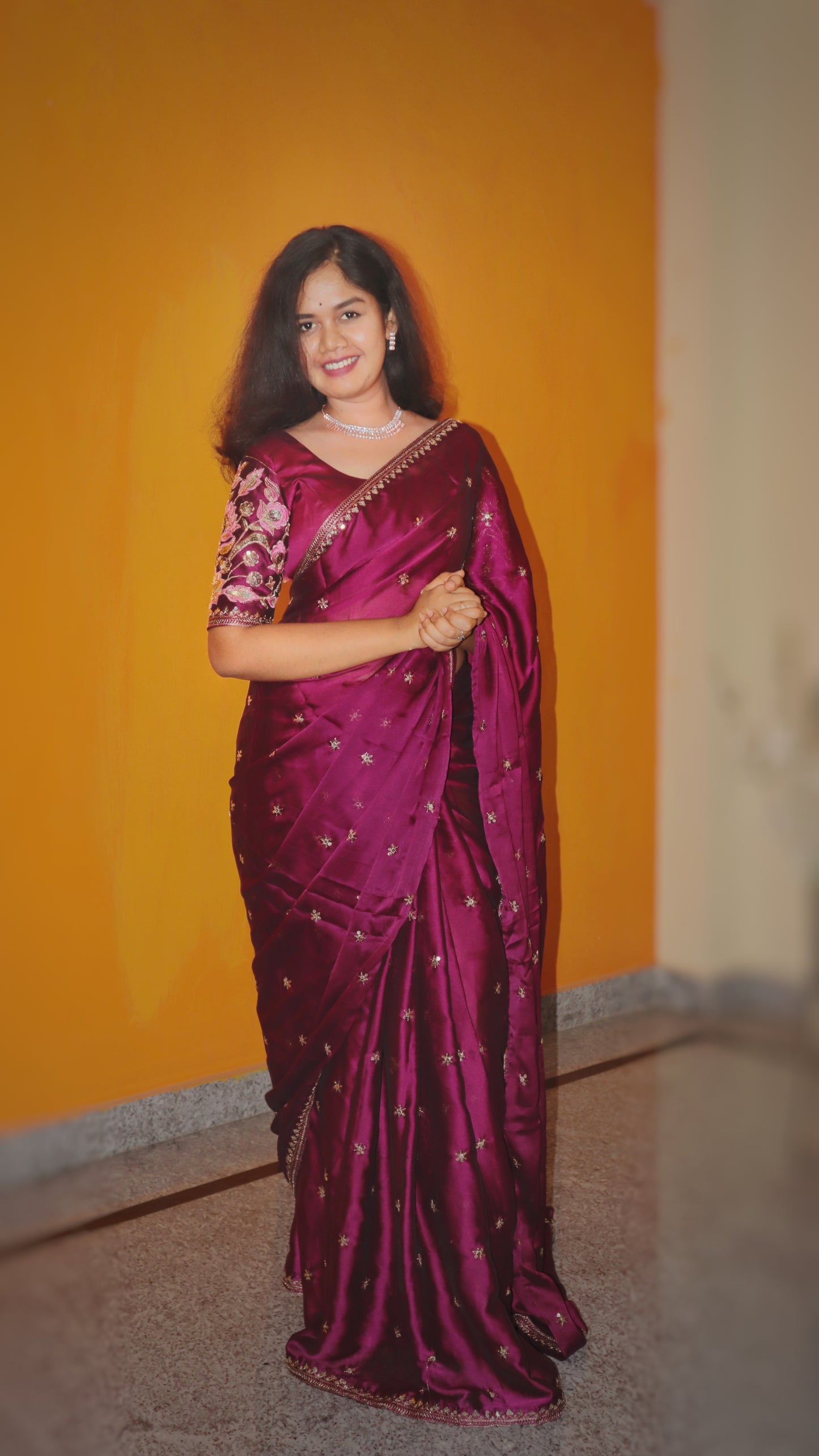 "Majestic Megenta Georgette Saree with Exquisite Golden Lays Work"