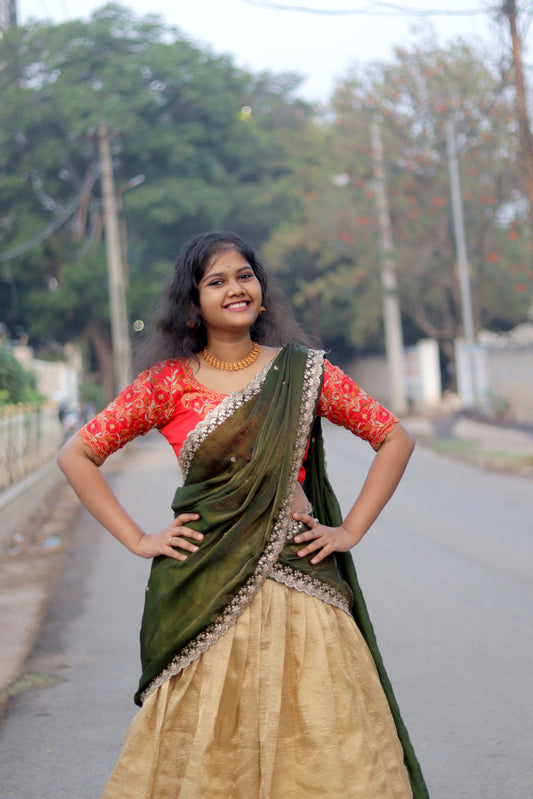 Elegant Golden Lehenga with Green Dupatta & Red Embroidered Blouse