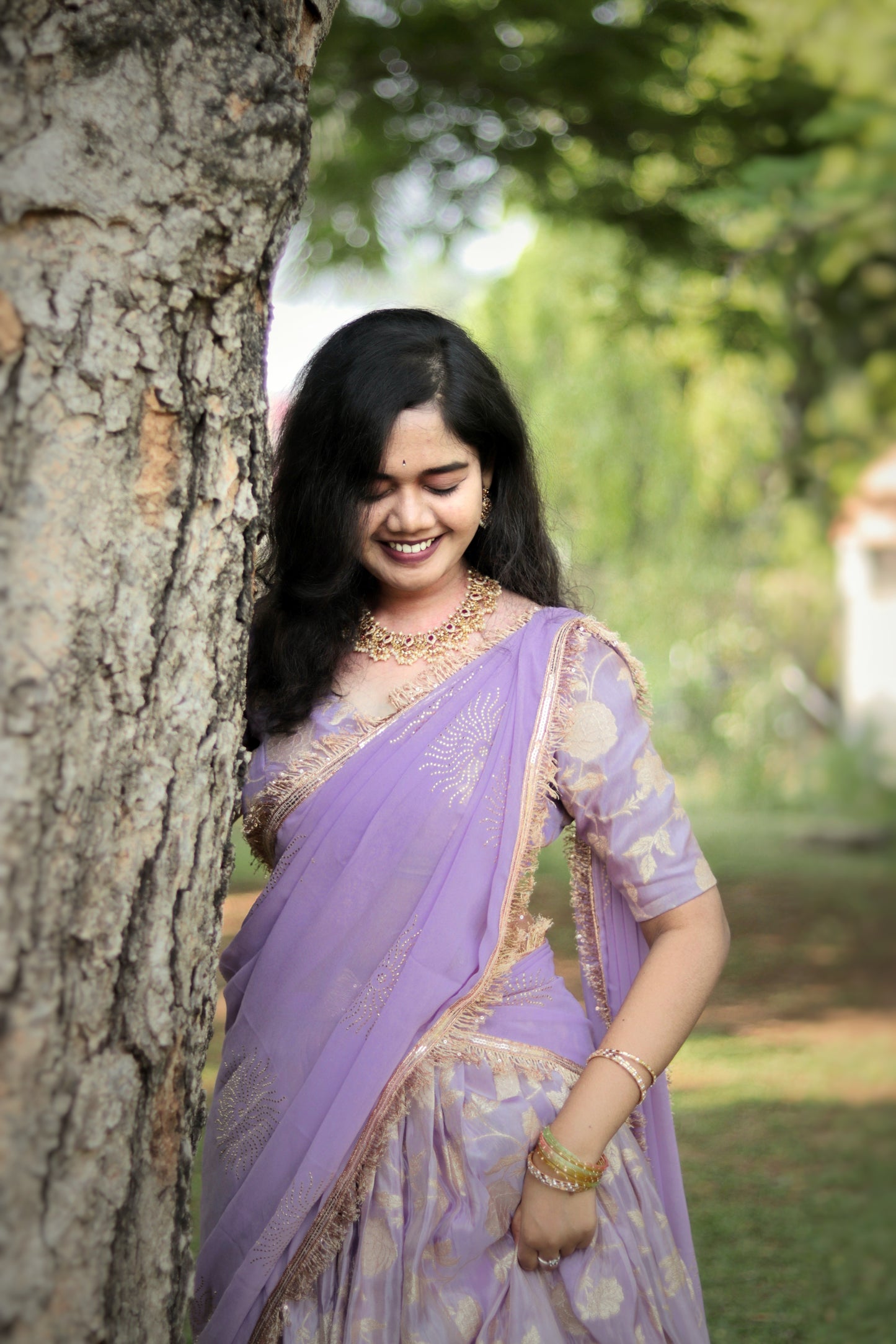 Elegant Custom Lavender Half Saree with Running Stitched Free-Size Blouse