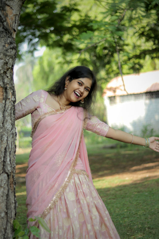 Elegant Custom Pastel Pink Half Saree with Running Stitched Free-Size Blouse