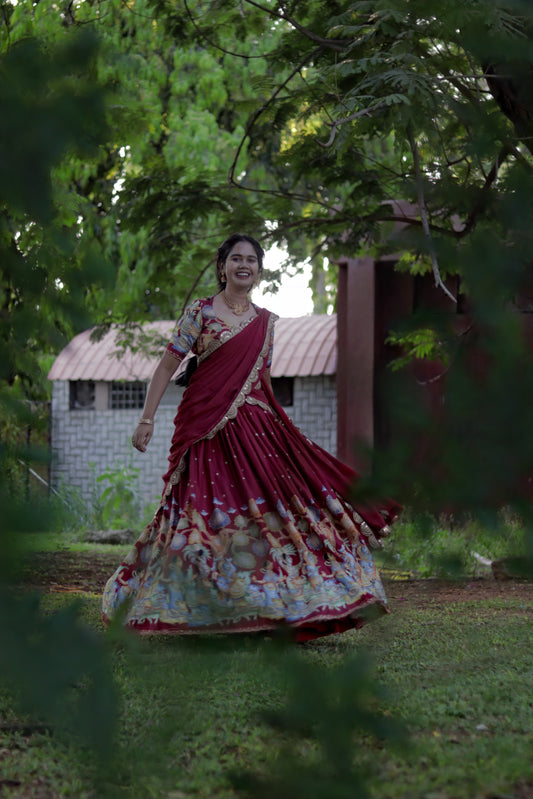 New Pure Dola Kalamkari Meroon color Half Saree with running blouse ( Unstitched ) and Chiffon Duppata