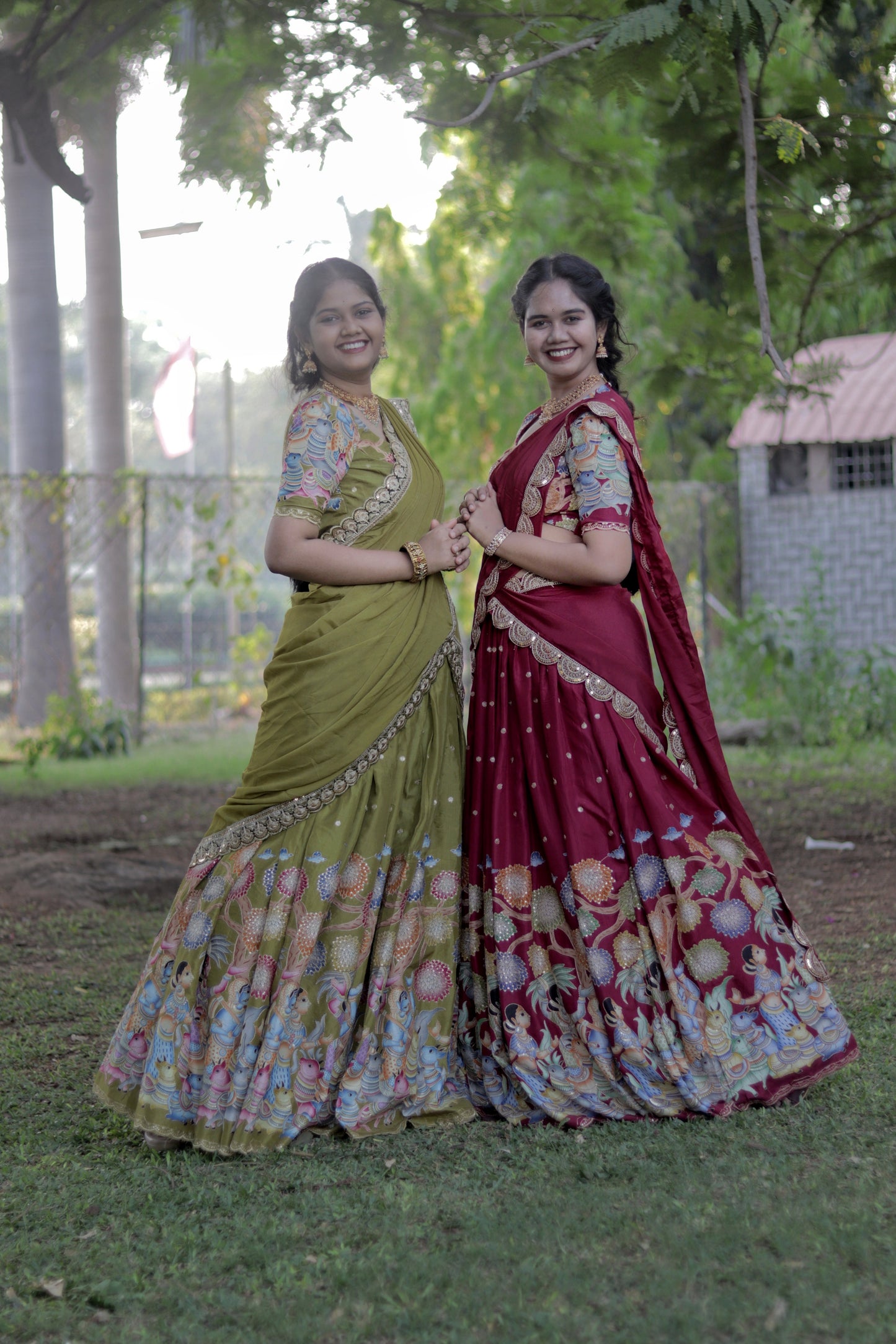 New Pure Dola Kalamkari Meroon color Half Saree with running blouse ( Unstitched ) and Chiffon Duppata