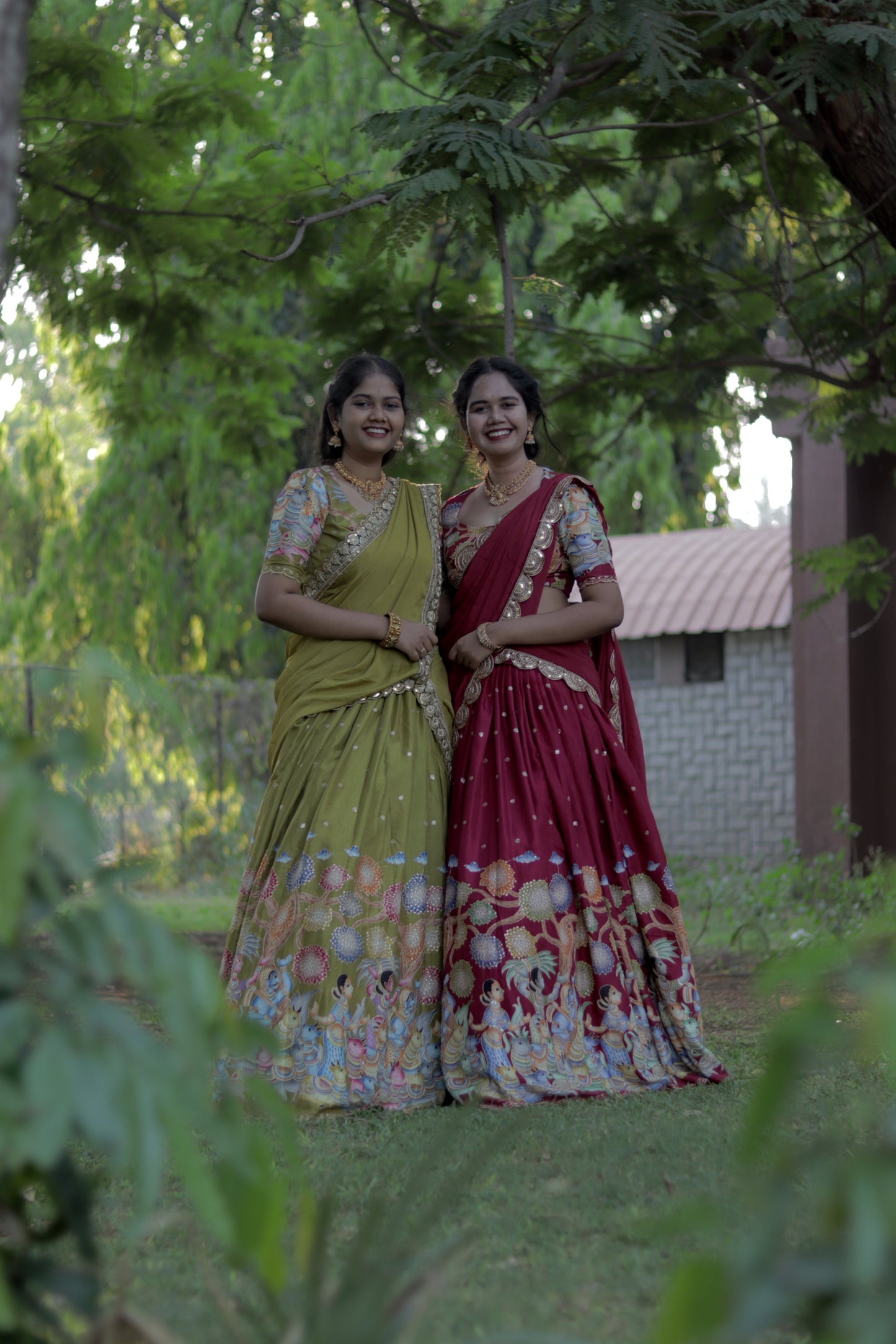 New Pure Dola Kalamkari Gree color Half Saree with running blouse ( Unstitched ) and Chiffon Duppata