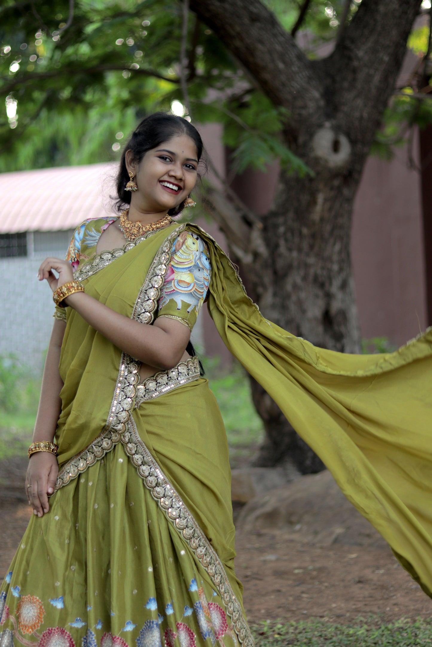 New Pure Dola Kalamkari Gree color Half Saree with running blouse ( Unstitched ) and Chiffon Duppata