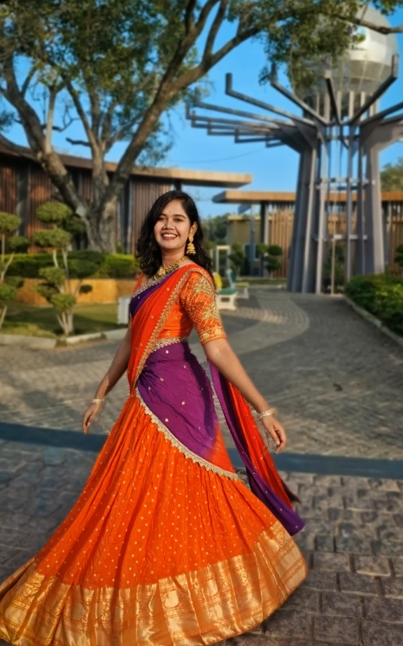 Dazzling Bright Orange & Royal Purple Half Saree with Shimmering Golden Accents, Perfect for a Mesmerizing Festive Glow! ✨💃🌅"