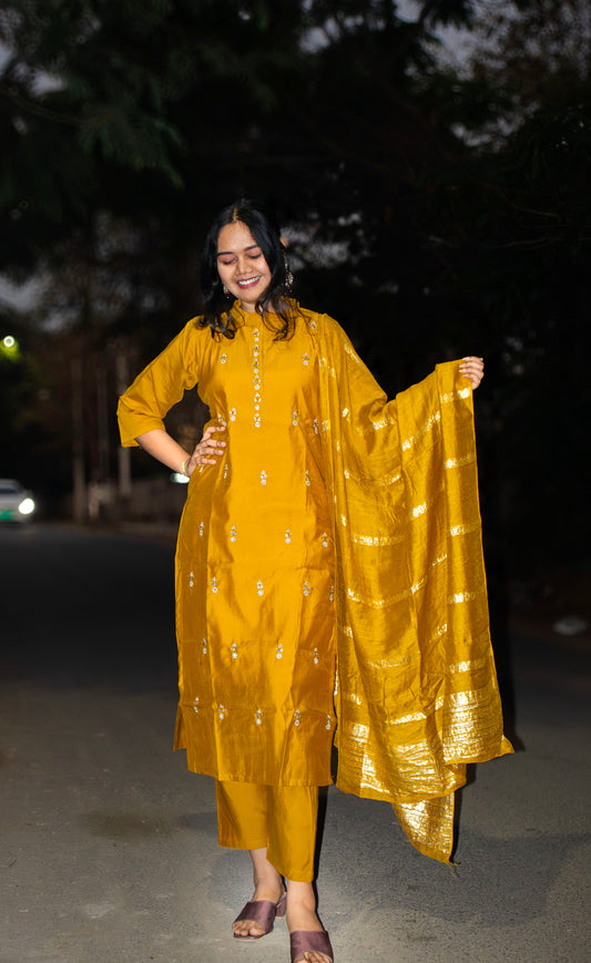 Golden Mustard Handcrafted Kurti Set with Dupatta – Festive & Ethnic Wear