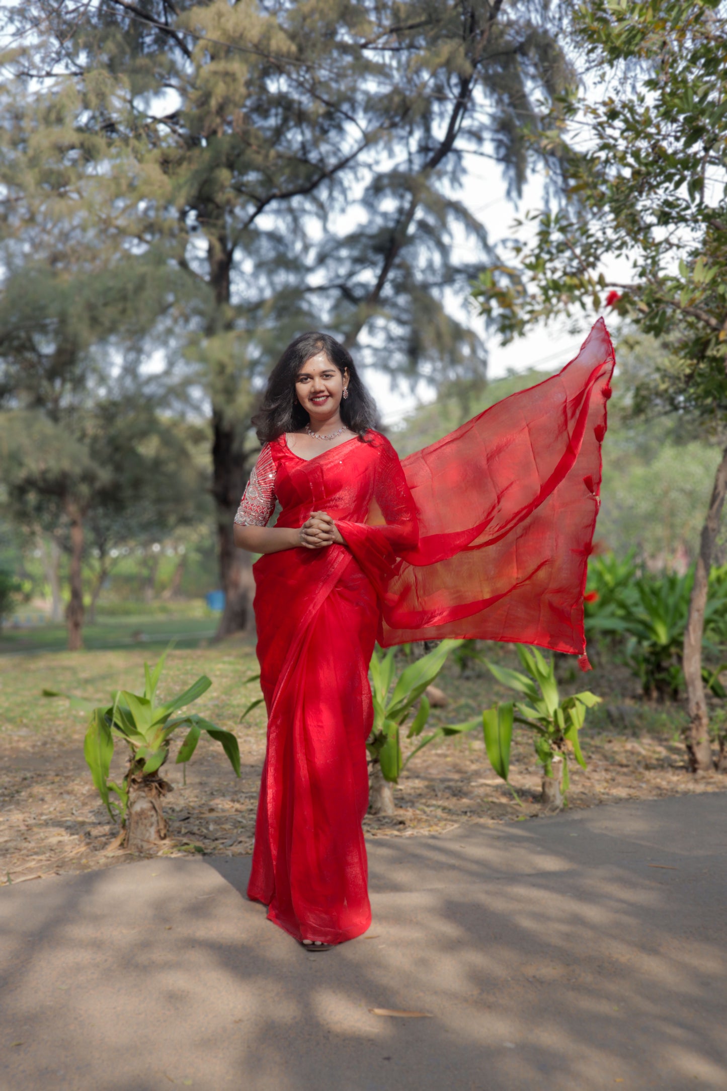 "Elegant Red Mul Mul Cloth Saree with Graceful Drape & Running Worked Blouse"