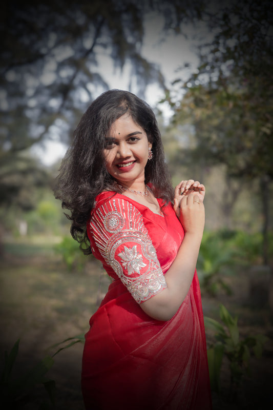 "Elegant Red Mul Mul Cloth Saree with Graceful Drape & Running Worked Blouse"