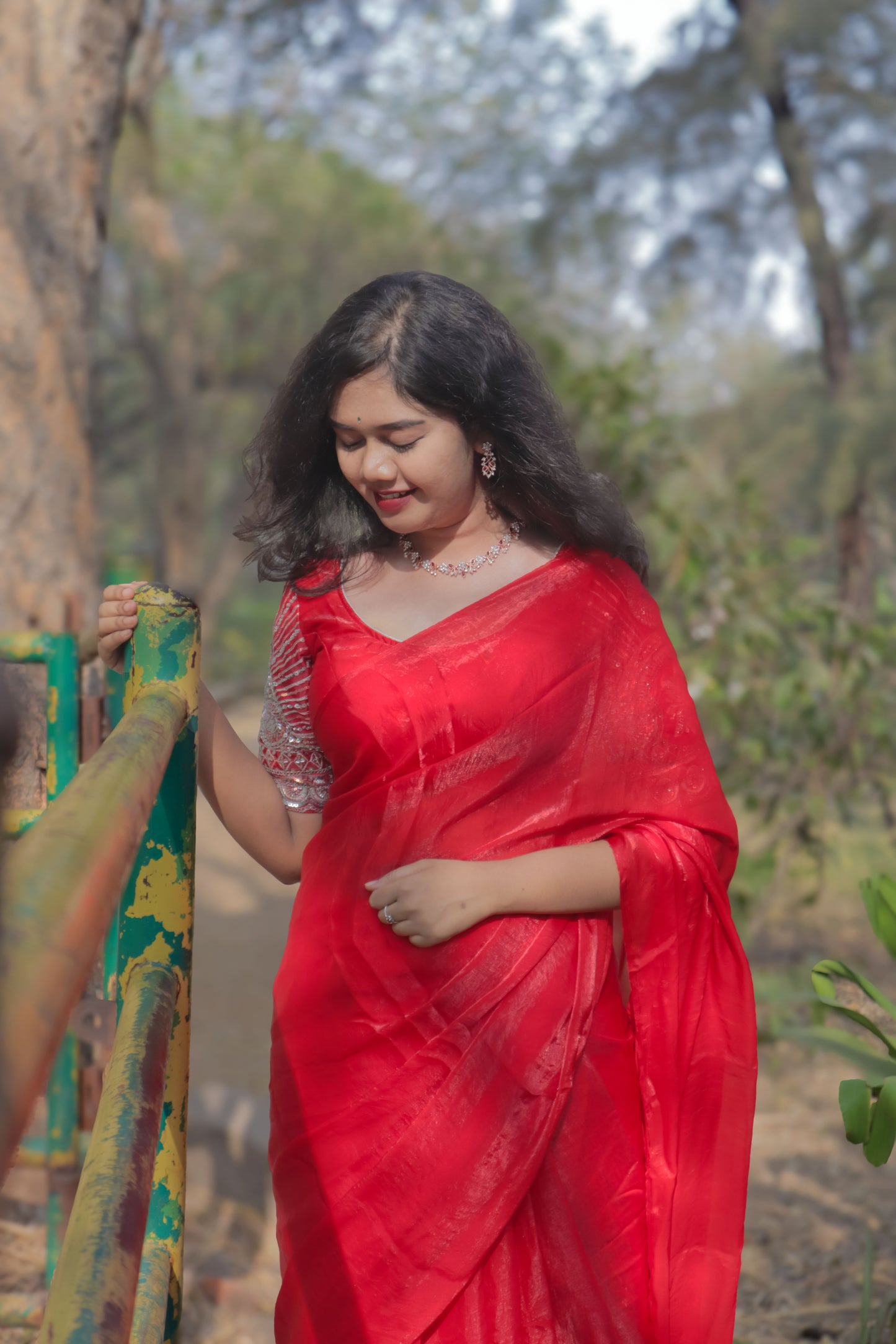 "Elegant Red Mul Mul Cloth Saree with Graceful Drape & Running Worked Blouse"