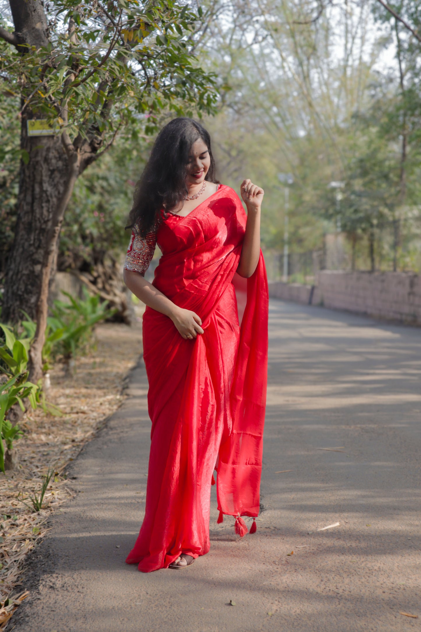 "Elegant Red Mul Mul Cloth Saree with Graceful Drape & Running Worked Blouse"