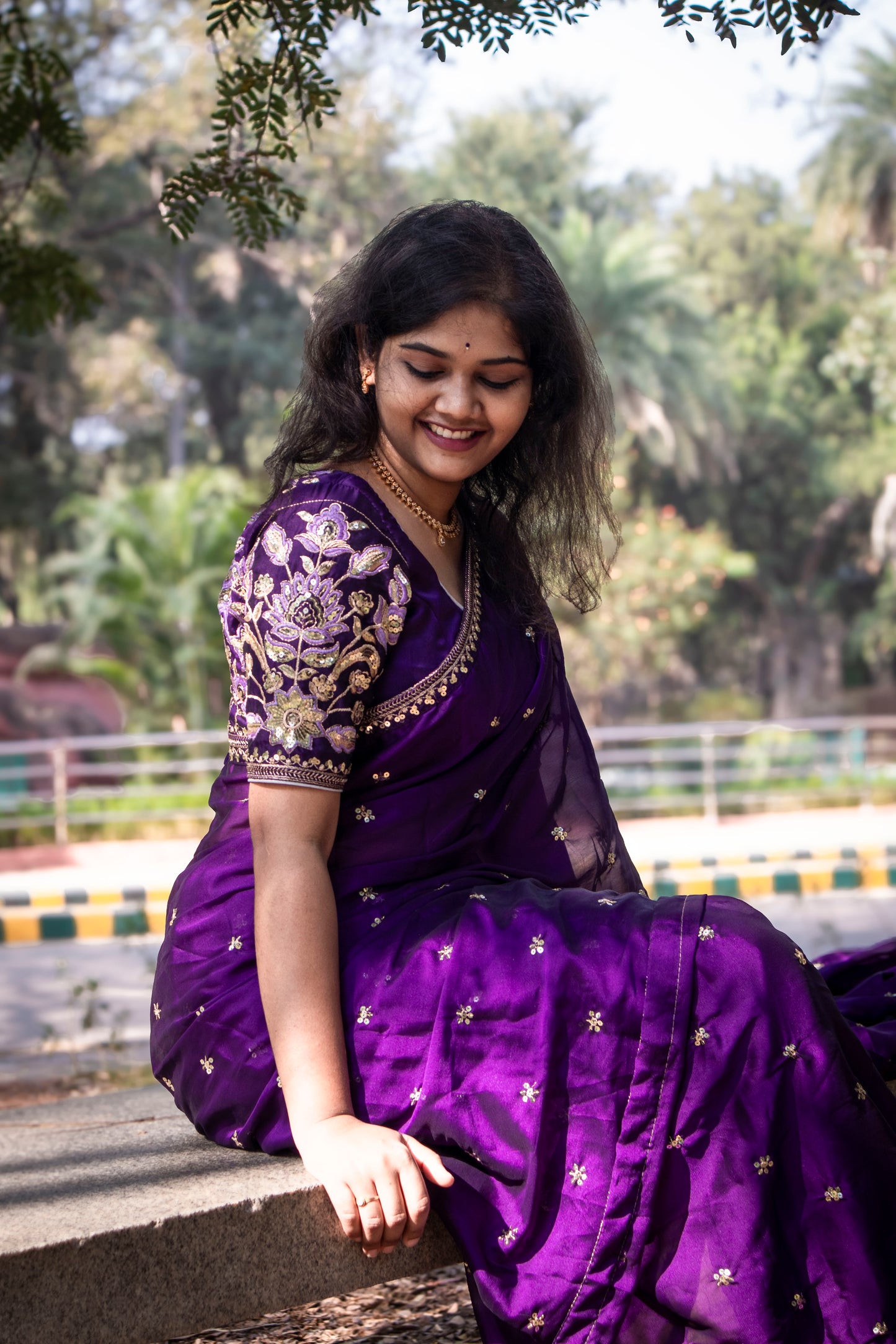 "Majestic Purple Georgette Saree with Exquisite Golden Lace Work"