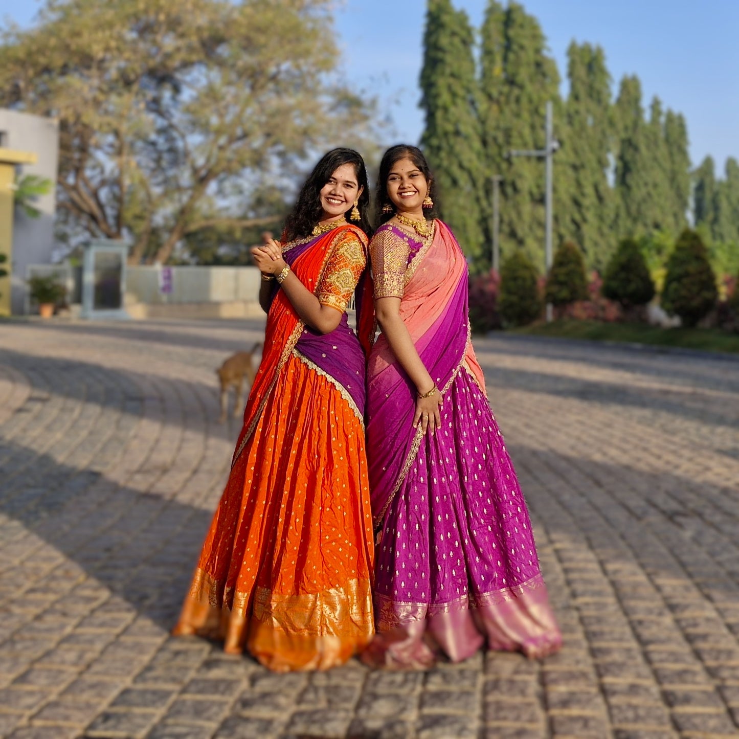 Dazzling Bright Orange & Royal Purple Half Saree with Shimmering Golden Accents, Perfect for a Mesmerizing Festive Glow! ✨💃🌅"