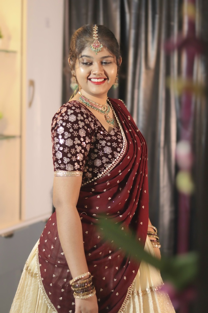 Cream & Meroon Half Saree with Velvet Blouse, Chikankari Work Skirt & Georgette Dupatta â€“ Custom Made