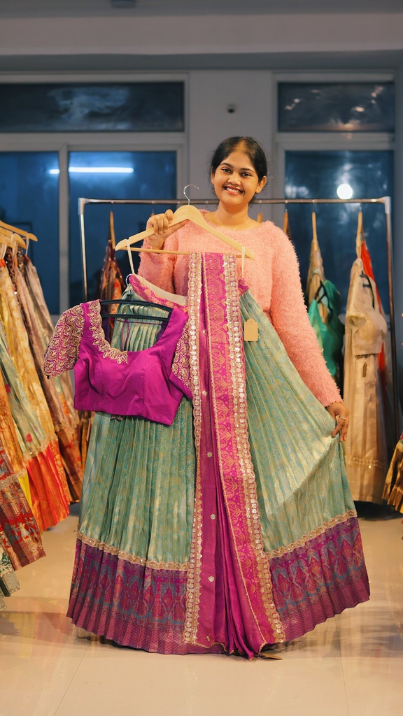 Sea Green & Magenta Kanchi Pattu Half Saree - DP487