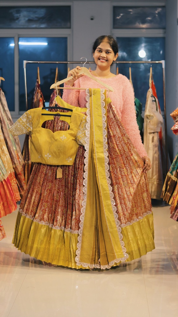 Copper Rust & Mustard Yellow Kanchi Pattu Half Saree - DP492