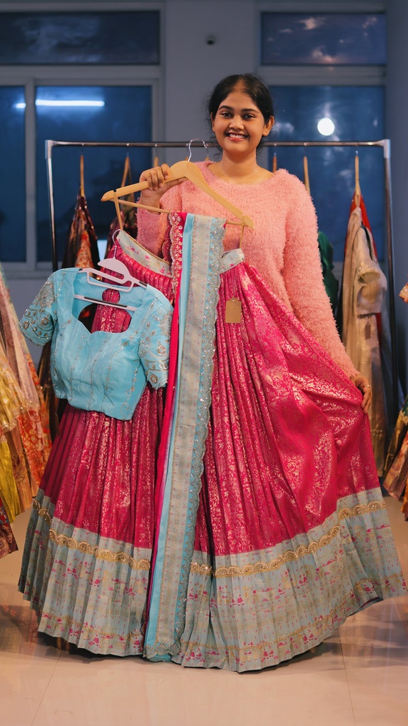 Rani Pink & Sky Blue Kanchi Pattu Half Saree - DP531