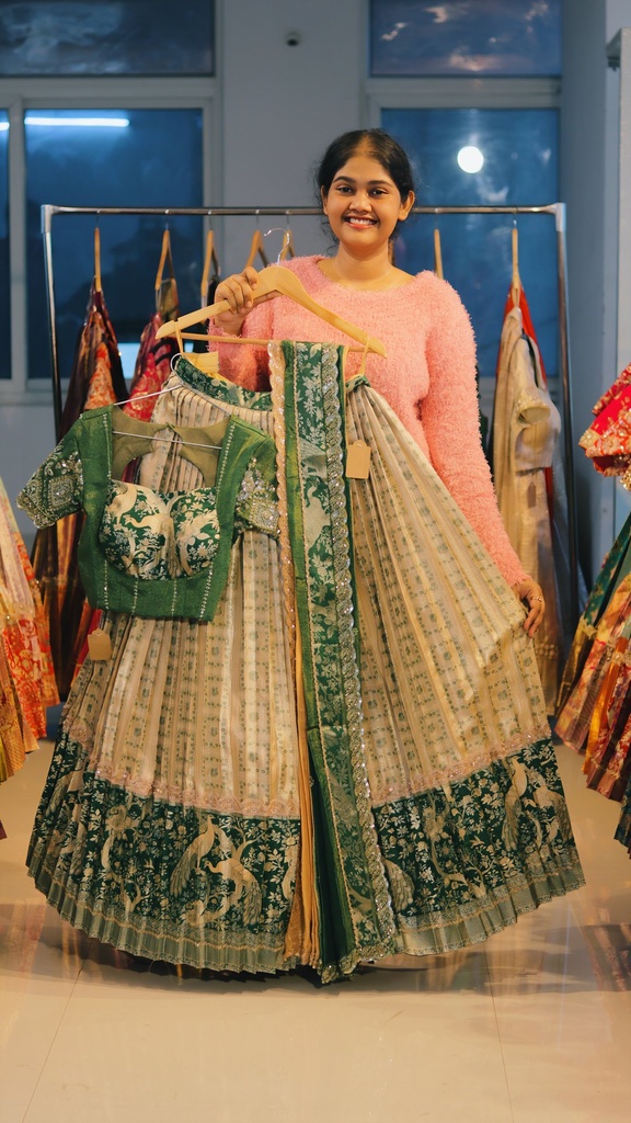 Cream & Bottle Green Kanchi Pattu Half Saree - DP534