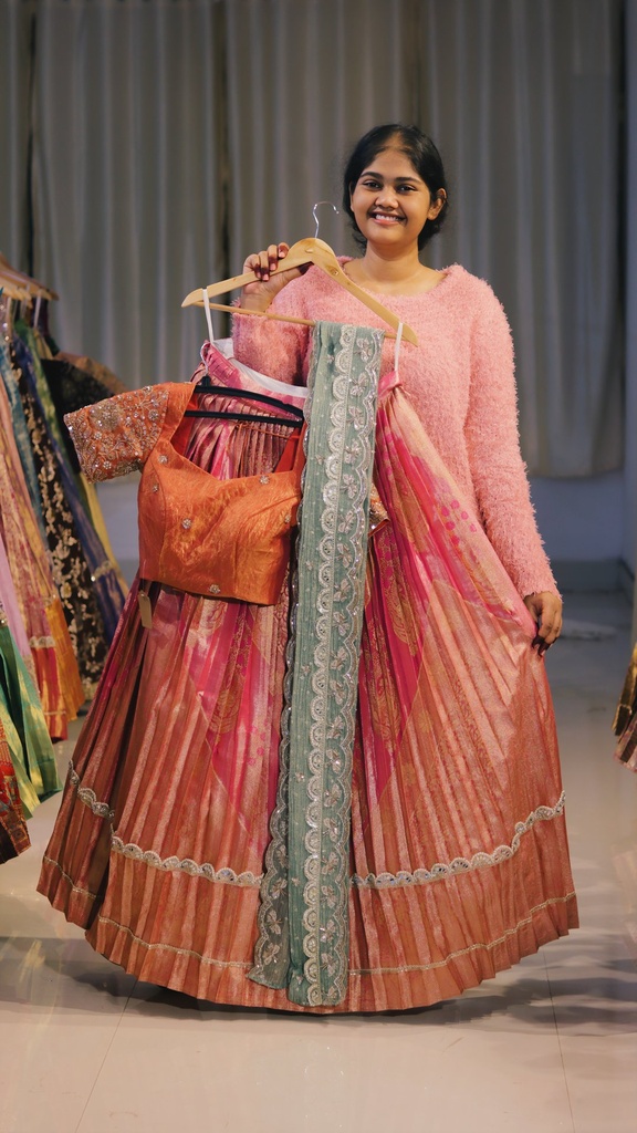 Coral Pink & Mint Green Half Saree - DP545