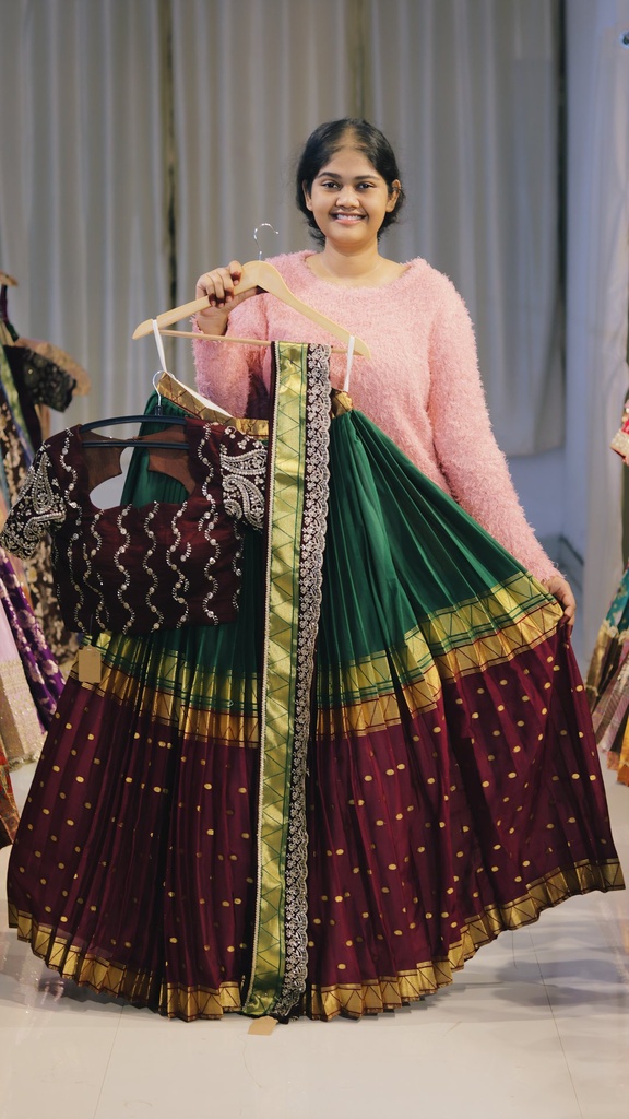 Emerald Green & Wine Maroon Half Saree - DP548