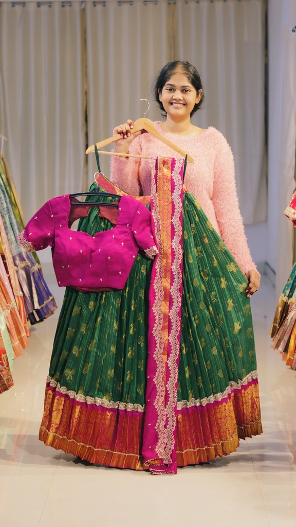 Forest Green & Rani Pink Half Saree - DP557