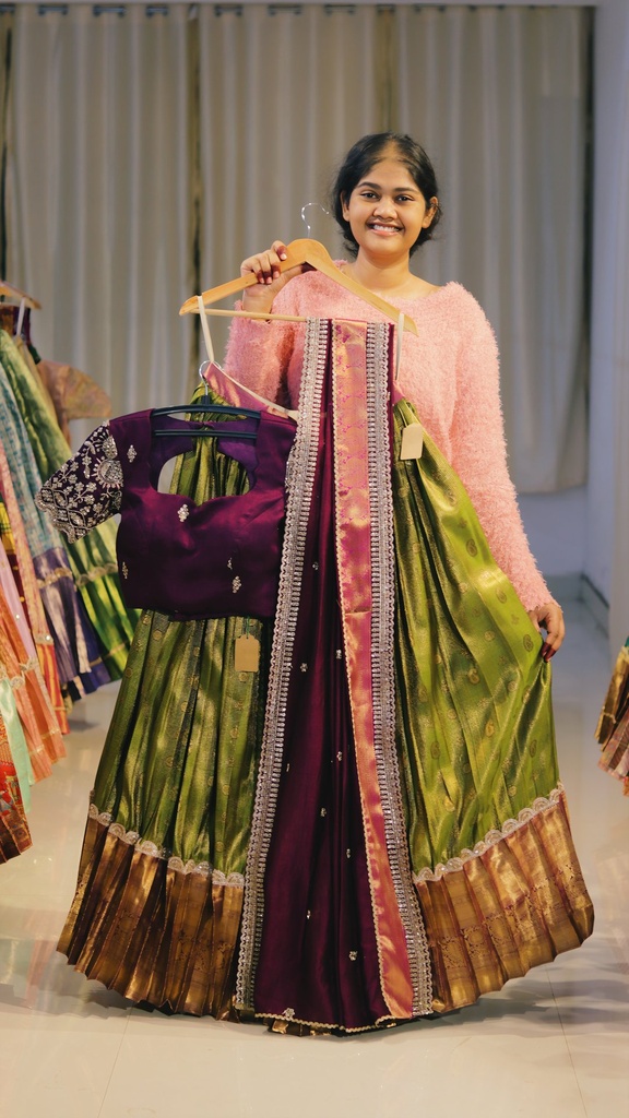 Olive Green & Wine Maroon Half Saree - DP559
