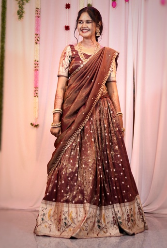 [DP024] Pythani Brown Half Saree â€“ Fully Customised with Blouse & Dupatta | Made-to-Order