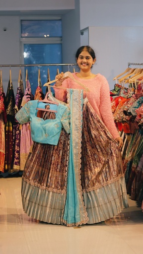 [DP478] Copper & Powder Blue Kanchi Pattu Half Saree - DP478