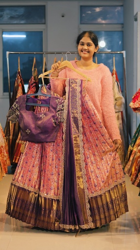 [DP479] Peach Pink & Violet Kanchi Pattu Half Saree - DP479