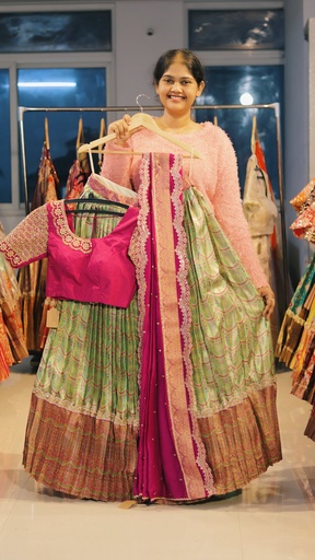 [DP481] Pista Green & Rani Pink Kanchi Pattu Half Saree - DP481