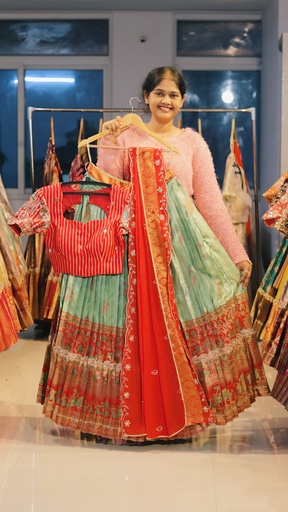 [DP482] Mint Green & Coral Red Kanchi Pattu Half Saree - DP482