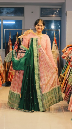 [DP483] Peach & Emerald Green Kanchi Pattu Half Saree - DP483