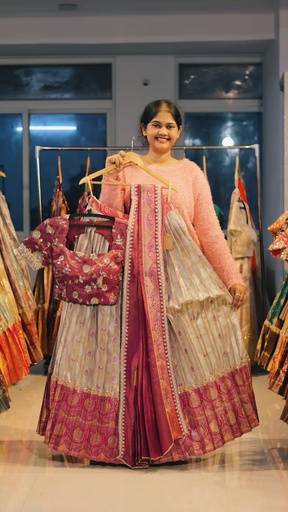 [DP484] Silver Cream & Wine Kanchi Pattu Half Saree - DP484