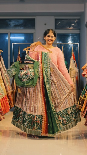 [DP485] Beige & Forest Green Kanchi Pattu Half Saree - DP485