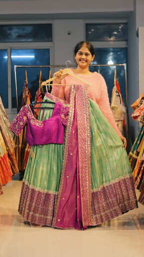 [DP486] Pista Green & Purple Kanchi Pattu Half Saree - DP486