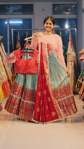 [DP488] Aqua Blue & Crimson Red Kanchi Pattu Half Saree - DP488