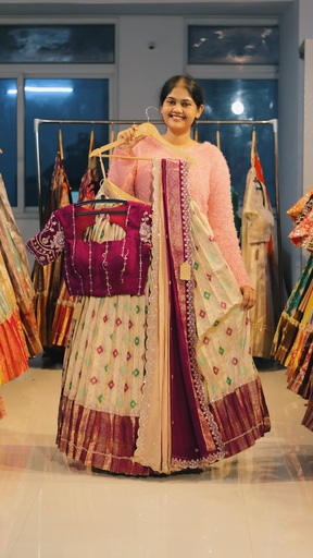 [DP489] Cream & Wine Maroon Kanchi Pattu Half Saree - DP489