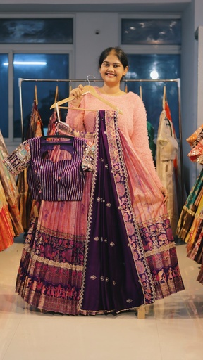 [DP490] Pastel Pink & Indigo Purple Kanchi Pattu Half Saree - DP490
