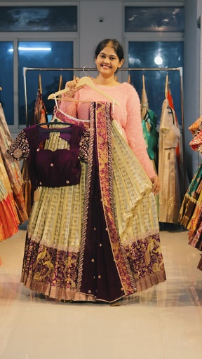 [DP491] Pale Yellow & Deep Purple Kanchi Pattu Half Saree - DP491