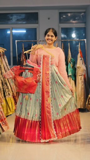 [DP493] Mint Green & Coral Red Kanchi Pattu Half Saree - DP493