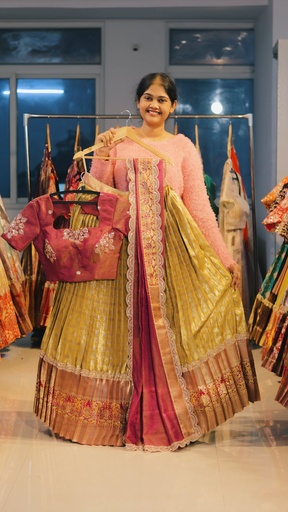 [DP495] Mustard Gold & Mauve Pink Kanchi Pattu Half Saree - DP495