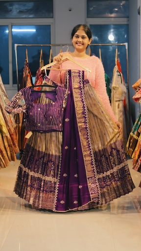 [DP496] Beige Grey & Deep Purple Kanchi Pattu Half Saree - DP496
