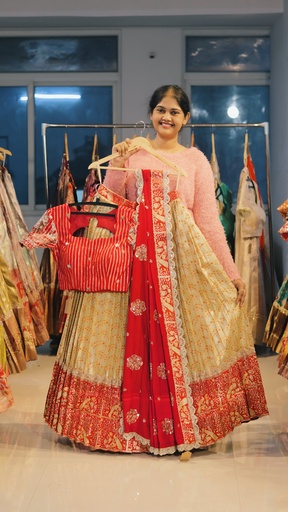 [DP497] Cream & Crimson Red Kanchi Pattu Half Saree - DP497