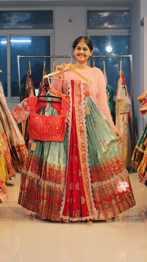 [DP501] Aqua Green & Red Kanchi Pattu Half Saree - DP501