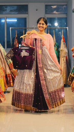 [DP502] Silver & Deep Purple Kanchi Pattu Half Saree - DP502