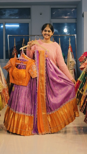 [DP505] Lilac & Mango Orange Kanchi Pattu Half Saree - DP505
