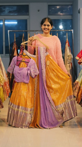 [DP509] Mustard Gold & Lavender Kanchi Pattu Half Saree - DP509