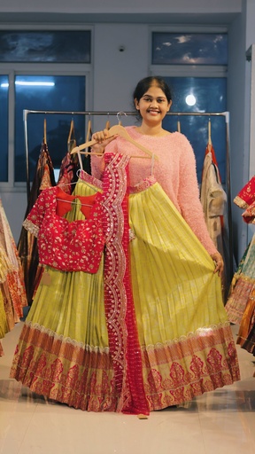 [DP510] Lemon Yellow & Rani Pink Kanchi Pattu Half Saree - DP510