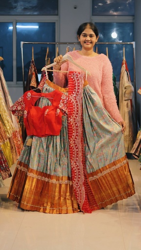 [DP513] Sky Blue & Copper Red Kanchi Pattu Half Saree - DP513