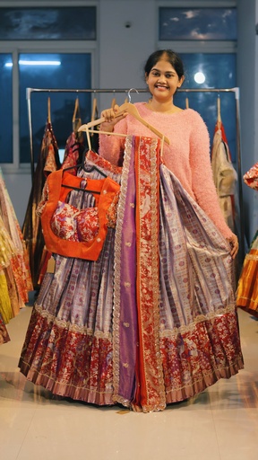 [DP514] Lavender Grey & Sunset Orange Kanchi Pattu Half Saree - DP514
