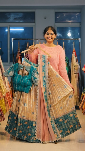 [DP520] Cream Gold & Peacock Teal Kanchi Pattu Half Saree - DP520